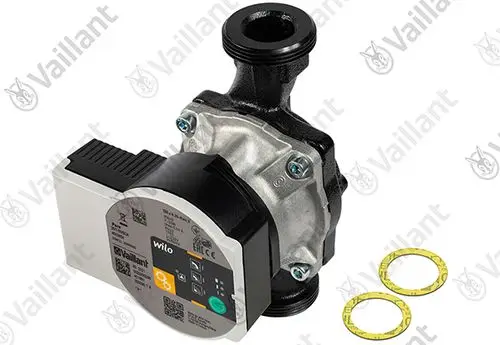Vaillant Pumpe mit einem elektrischen Antrieb, montiert auf einem schwarzen Gehäuse, begleitet von zwei Dichtungen im Vordergrund.